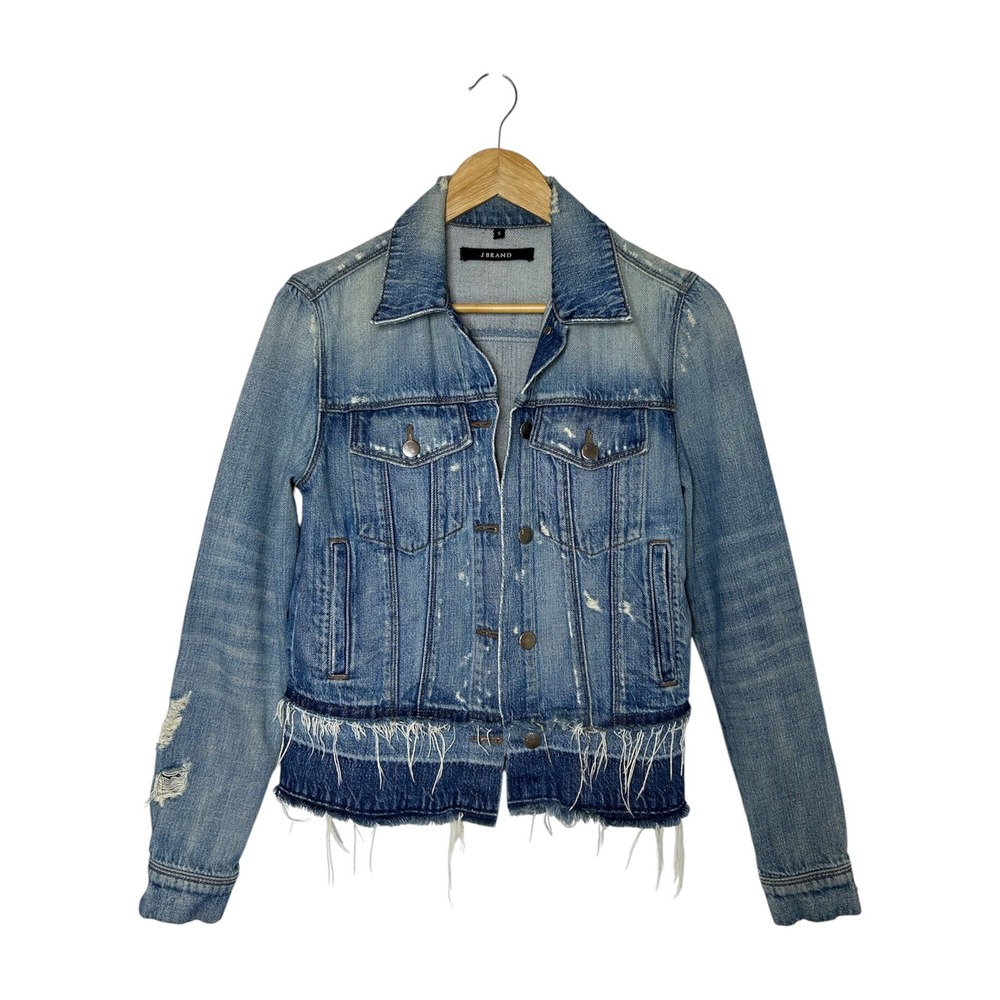 J Brand Deena cropped Distressed Ripped Cotton Blue Wash trucker Jacket S